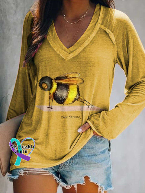 Women’s Funny Bee Strong Art Print Casual V-Neck Long Sleeve Top Yellow / S