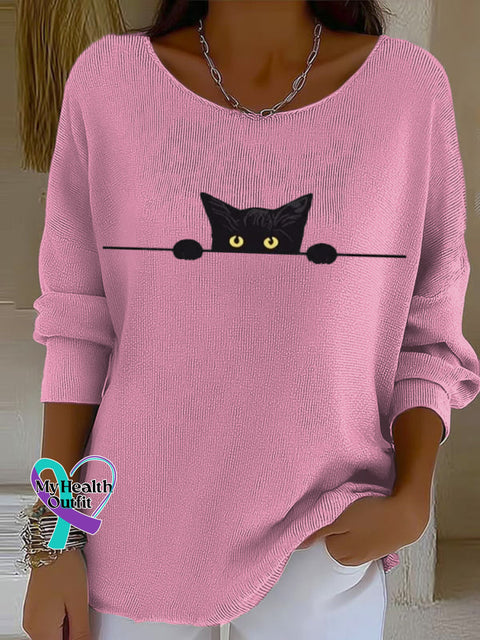 Women’s Funny Cat Art Casual Pullover Sweater Pink / S