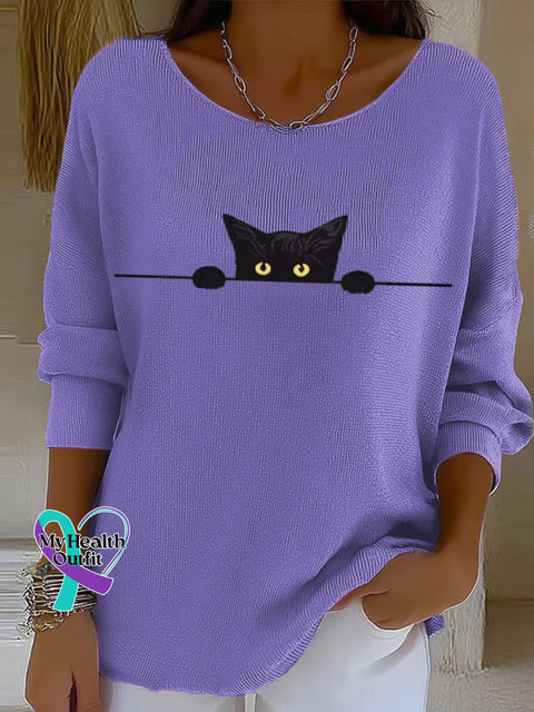 Women’s Funny Cat Art Casual Pullover Sweater Purple / S