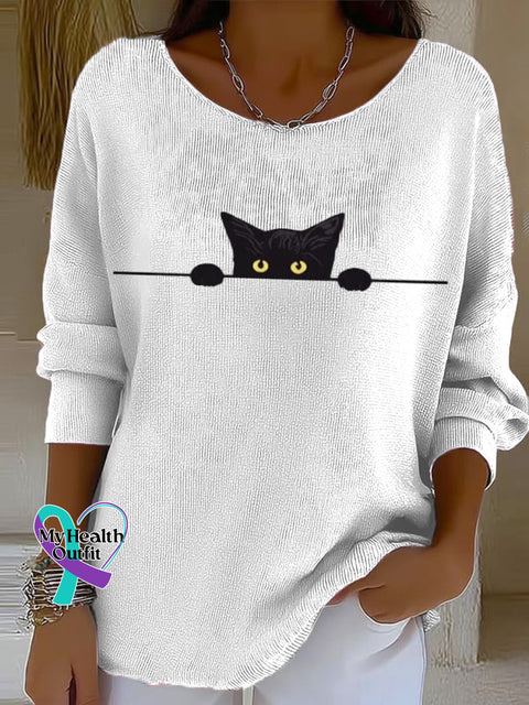 Women’s Funny Cat Art Casual Pullover Sweater White / S