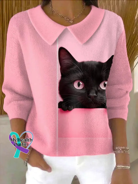 Women’s Funny Cat Art Print Casual Cotton Sweater Pink / S