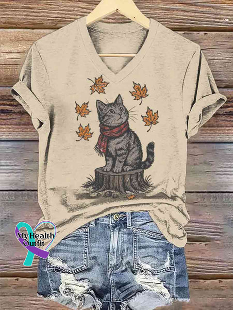 Women’s Funny Cat Autumn Art V-neck Casual T-Shirt Apricot / S