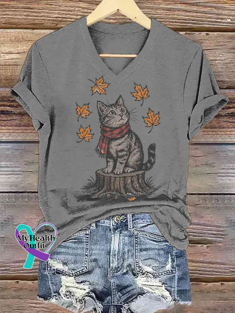 Women’s Funny Cat Autumn Art V-neck Casual T-Shirt Grey / S