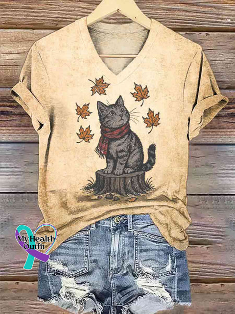 Women’s Funny Cat Autumn Art V-neck Casual T-Shirt Khaki / S