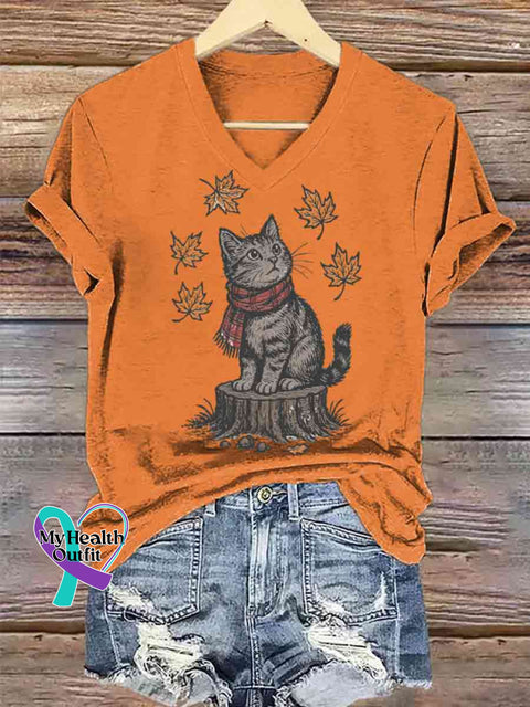 Women’s Funny Cat Autumn Art V-neck Casual T-Shirt Orange / S