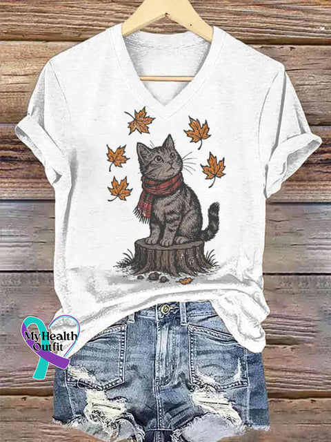 Women’s Funny Cat Autumn Art V-neck Casual T-Shirt White / S