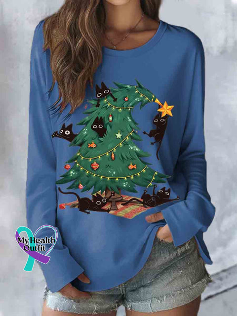 Women’s Funny Cat Christmas Tree Print Casual Long Sleeve Top Blue / S
