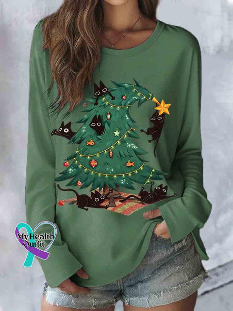 Women’s Funny Cat Christmas Tree Print Casual Long Sleeve Top Green / S