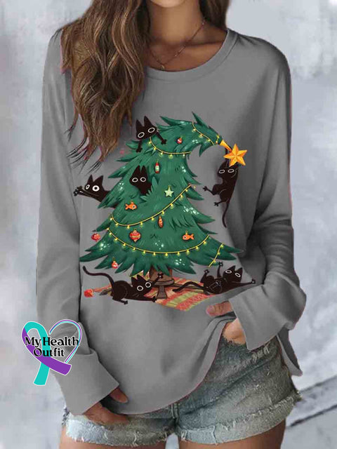 Women’s Funny Cat Christmas Tree Print Casual Long Sleeve Top Grey / S