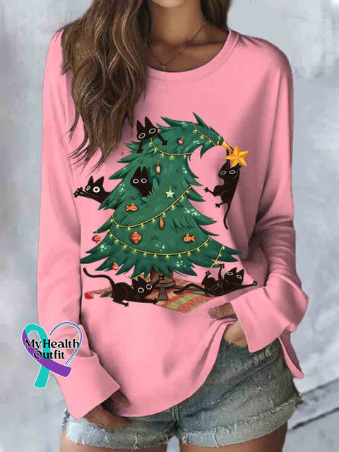 Women’s Funny Cat Christmas Tree Print Casual Long Sleeve Top Pink / S