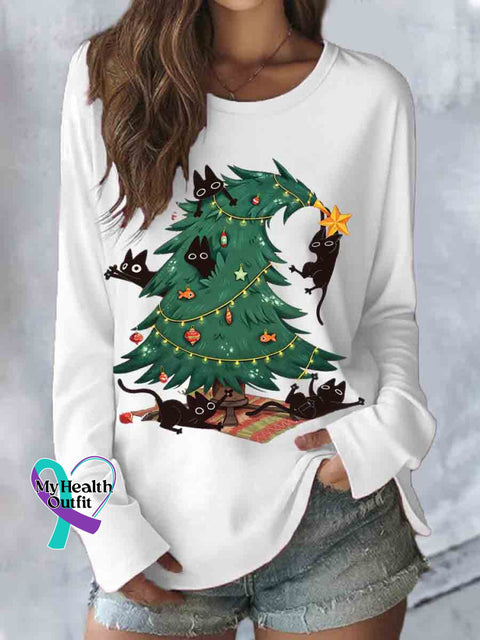 Women’s Funny Cat Christmas Tree Print Casual Long Sleeve Top White / S