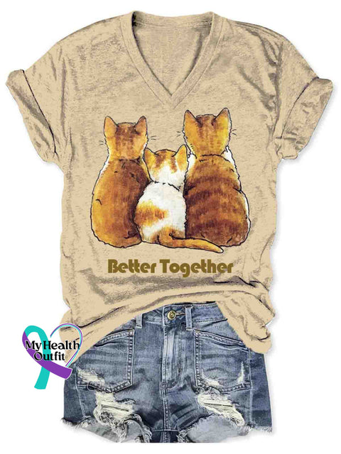 Women’s Funny Cat Family Better Together Art V-neck Casual T-Shirt Apricot / S
