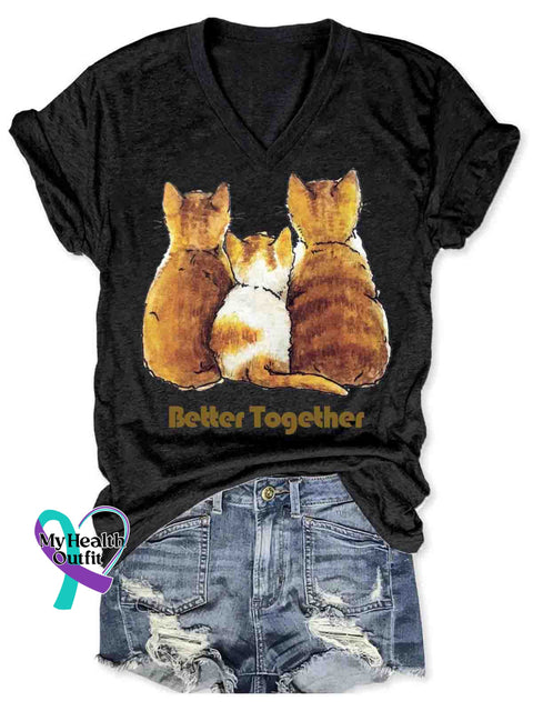 Women’s Funny Cat Family Better Together Art V-neck Casual T-Shirt Black / S