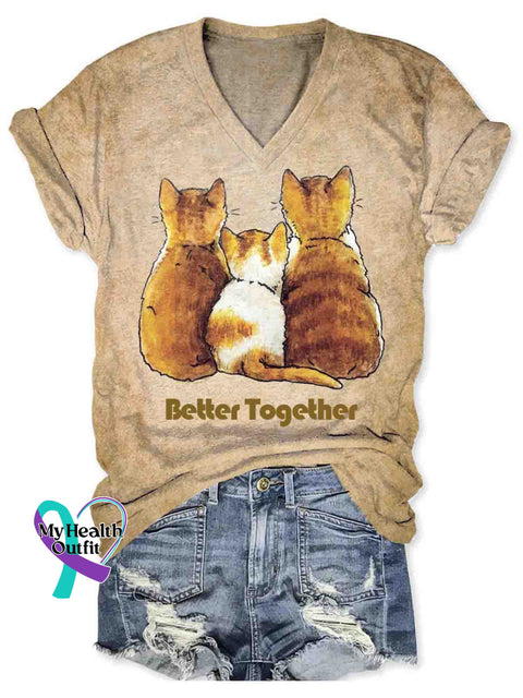 Women’s Funny Cat Family Better Together Art V-neck Casual T-Shirt Khaki / S