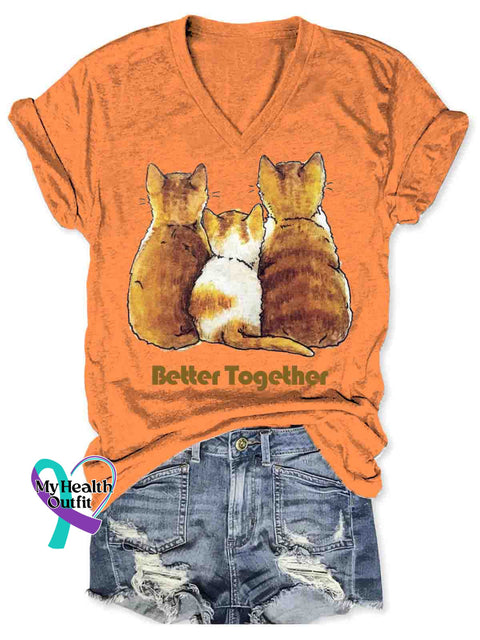 Women’s Funny Cat Family Better Together Art V-neck Casual T-Shirt Orange / S