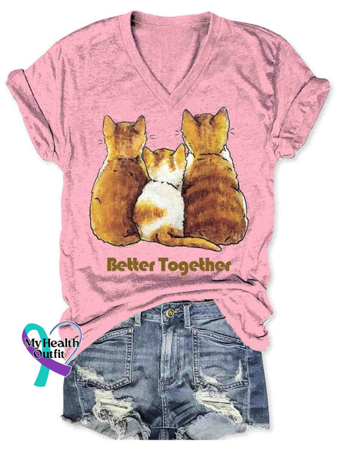 Women’s Funny Cat Family Better Together Art V-neck Casual T-Shirt Pink / S