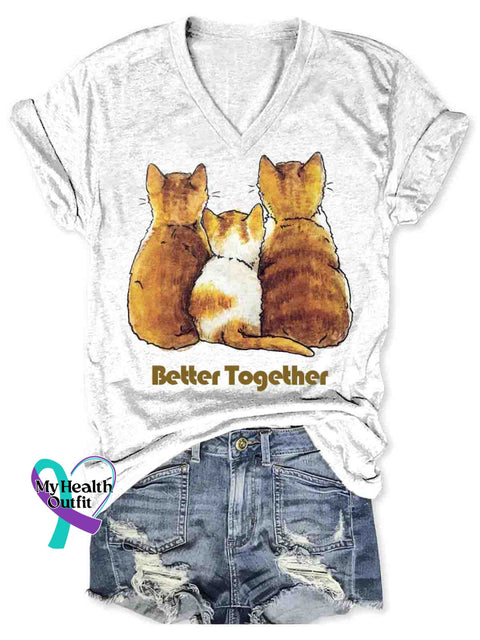 Women’s Funny Cat Family Better Together Art V-neck Casual T-Shirt White / S