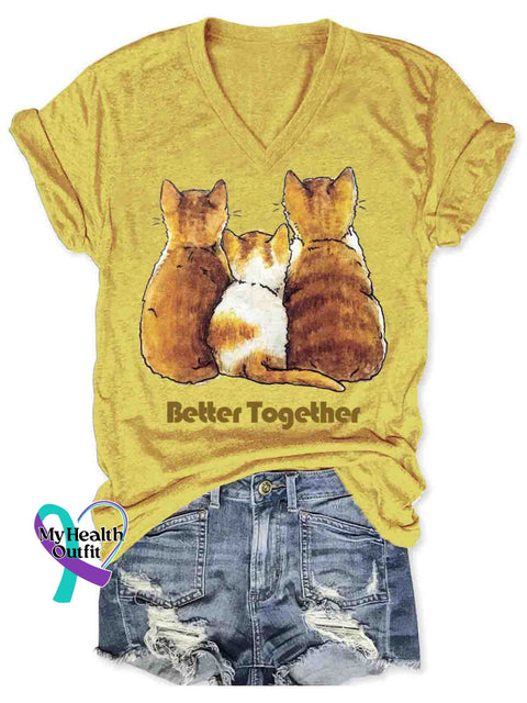 Women’s Funny Cat Family Better Together Art V-neck Casual T-Shirt Yellow / S