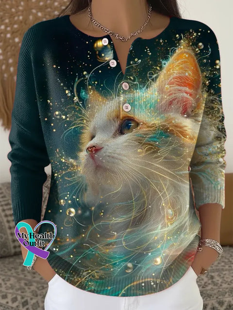 Women’s Funny Cat Pattern Art Print Casual Cardigan Sweater Multicolor / S