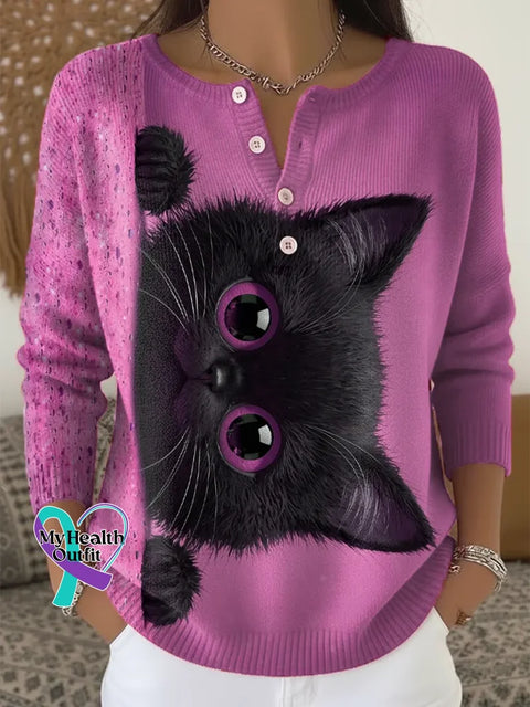 Women’s Funny Cat Pattern Art Print Casual Cardigan Sweater Purple / S