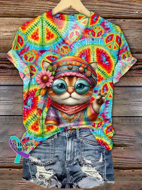 Women’s Funny Cat Peace And Love Tie Dye Pattern V-neck Casual Cotton T-Shirt Multicolor / S