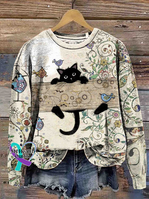 Women’s Funny Cat Print Casual Crewneck Sweatshirt Multicolor / S