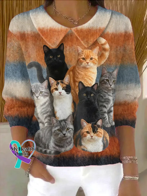 Women’s Funny Cats Art Print Casual Cotton Sweater Multicolor / S