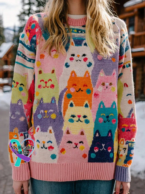 Women’s Funny Cats Art Print Casual Knit Sweater Multicolor / S
