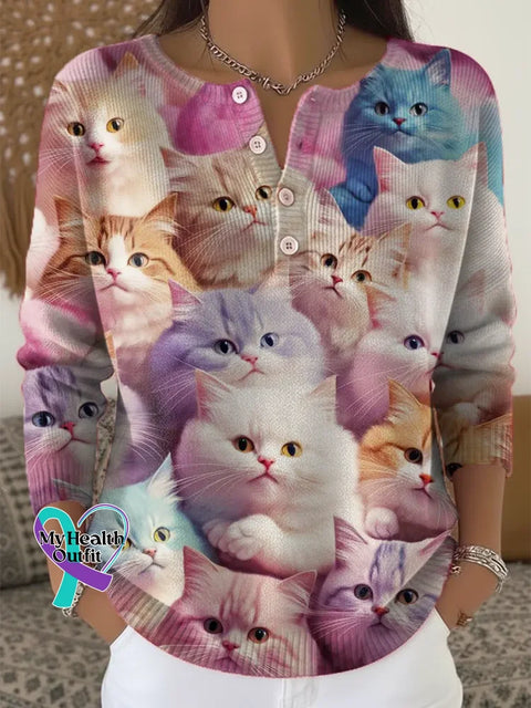 Women’s Funny Cats Pattern Art Print Casual Cardigan Sweater Multicolor / S