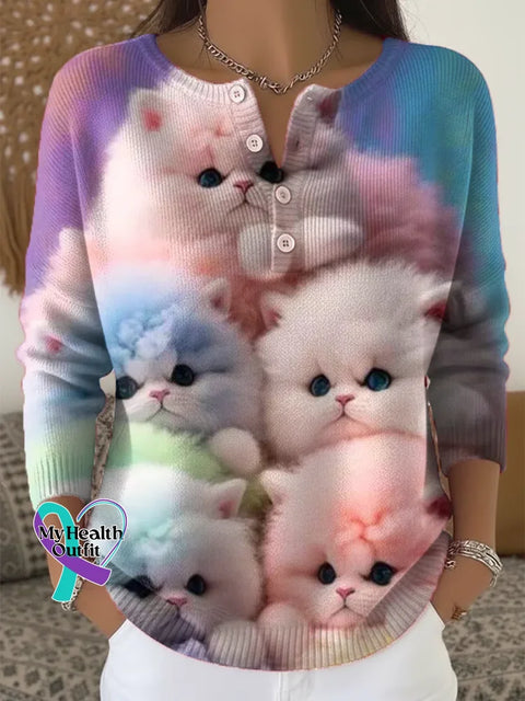 Women’s Funny Cats Pattern Art Print Casual Cardigan Sweater Multicolor / S