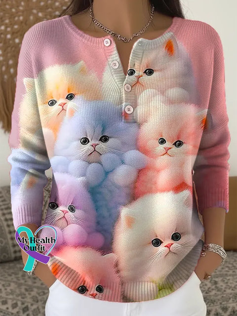 Women’s Funny Cats Pattern Art Print Casual Cardigan Sweater Multicolor / S