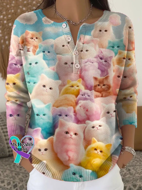 Women’s Funny Cats Pattern Art Print Casual Cardigan Sweater Multicolor / S