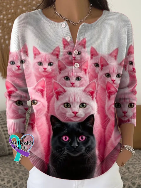 Women’s Funny Cats Pattern Art Print Casual Cardigan Sweater Multicolor / S