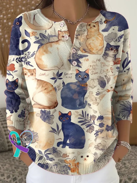 Women’s Funny Cats Pattern Art Print Casual Cardigan Sweater Multicolor / S