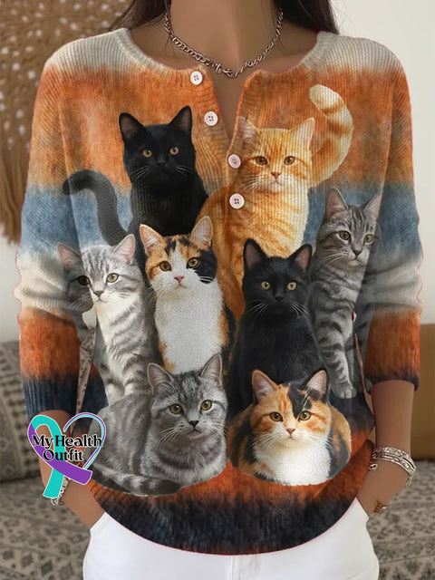 Women’s Funny Cats Pattern Art Print Casual Cardigan Sweater Multicolor / S