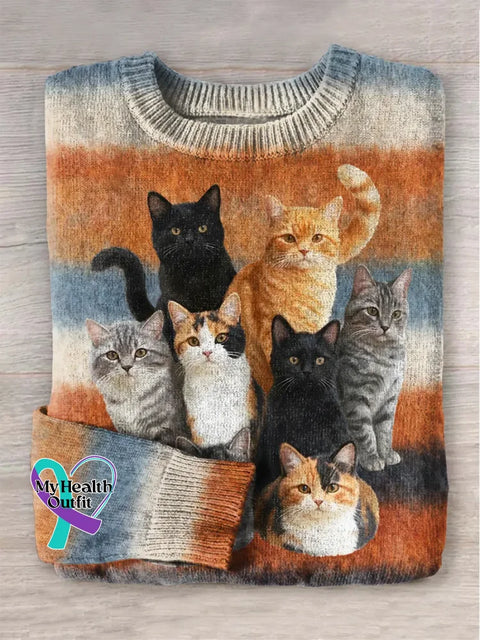 Women’s Funny Cats Pattern Art Print Casual Cotton Sweater Multicolor / S