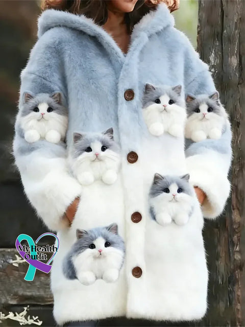 Women’s Funny Cats Pattern Art Print Casual Fleece Coat Blue / S