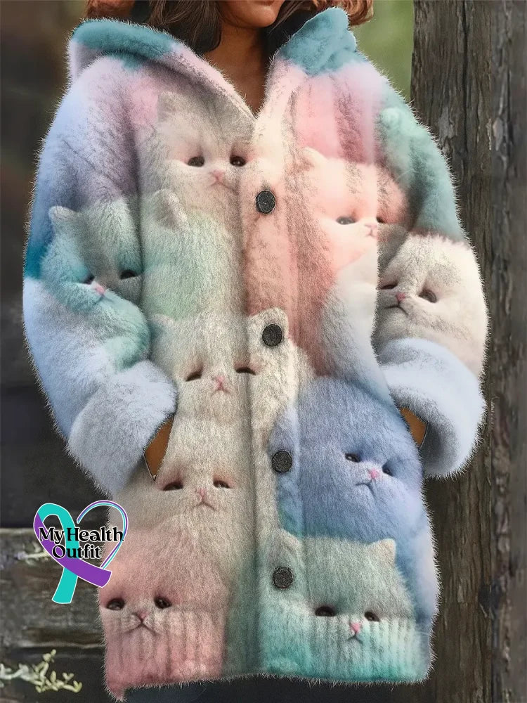 Women’s Funny Cats Pattern Art Print Casual Fleece Coat Multicolor / S
