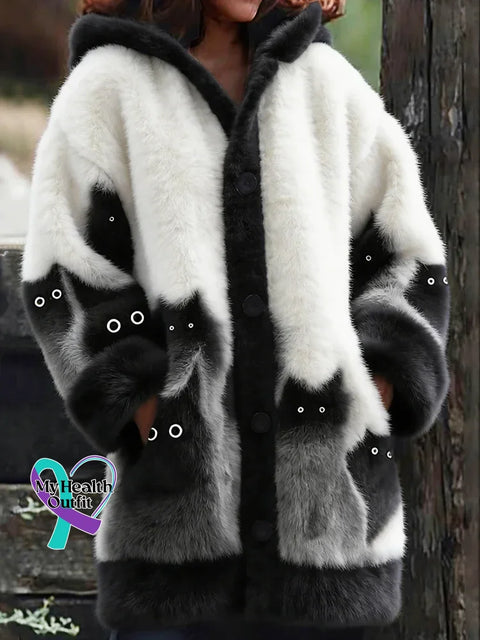 Women’s Funny Cats Pattern Art Print Casual Fleece Coat Multicolor / S