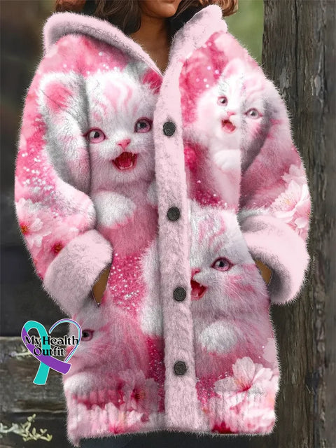 Women’s Funny Cats Pattern Art Print Casual Fleece Coat Pink / S