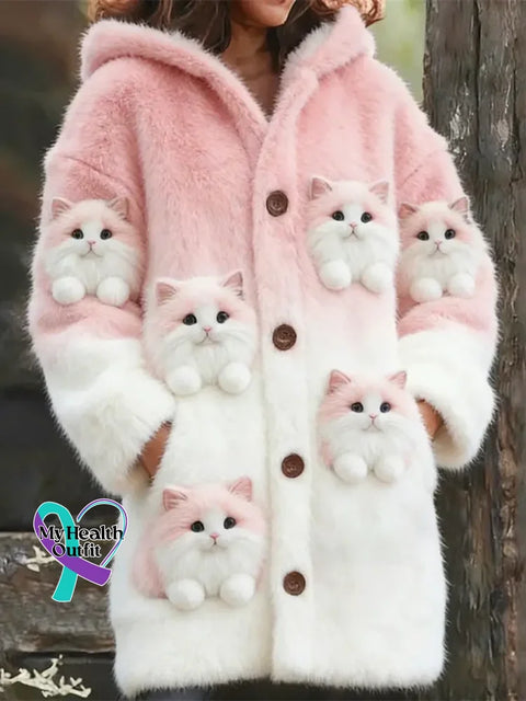 Women’s Funny Cats Pattern Art Print Casual Fleece Coat Pink / S