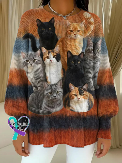 Women’s Funny Cats Pattern Art Print Casual Knitted Sweater Multicolor / S