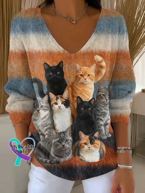 Women’s Funny Cats Pattern Art Print Casual V-Neck Sweater Multicolor / S