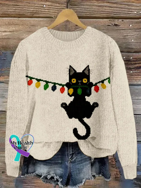 Women’s Funny Christmas Cat Pattern Art Print Casual Cotton Sweater Apricot / S