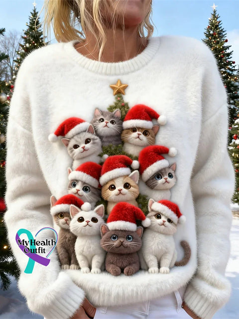 Women’s Funny Christmas Cats Art Print Casual Knit Sweater White / S