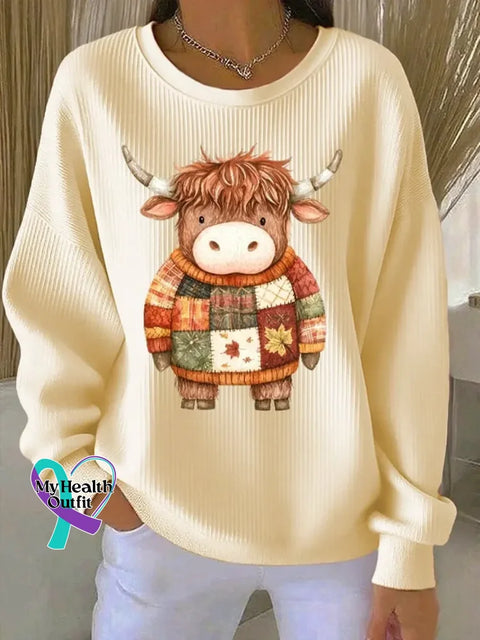 Women’s Funny Cow Pattern Art Print Casual Cotton Sweatshirt Apricot / S