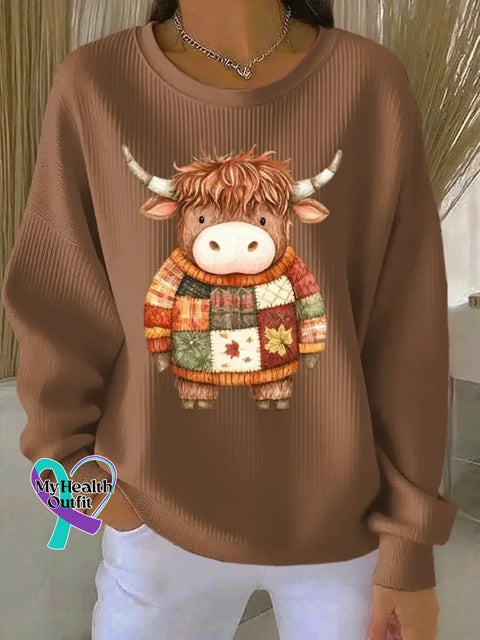 Women’s Funny Cow Pattern Art Print Casual Cotton Sweatshirt Brown / S