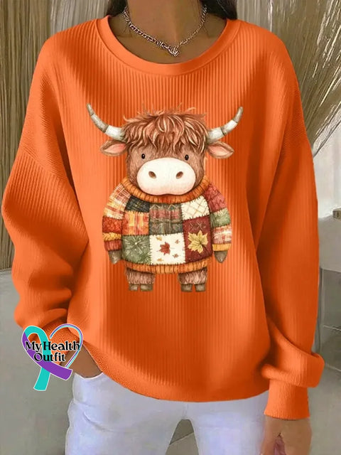 Women’s Funny Cow Pattern Art Print Casual Cotton Sweatshirt Orange / S