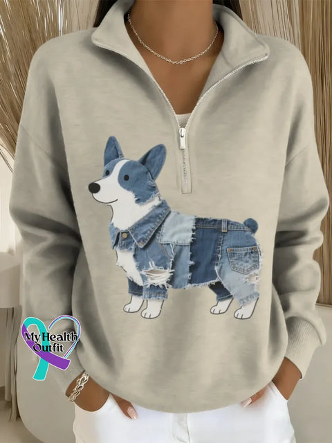 Women’s Funny Dog Art Casual Long Sleeve Zip Sweatshirt Apricot / S