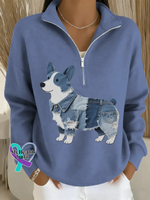 Women’s Funny Dog Art Casual Long Sleeve Zip Sweatshirt Blue / S